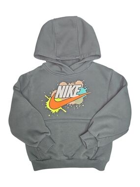 Nike Kids Gray Hoodie with Neon Multicolor Swoosh Size 4 XSmall Kangaroo Pocket